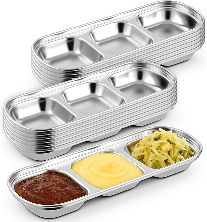 Zelphvt 12 Packs Stainless Steel Divided Dip Bowls Soy Sauce Dishes, Divided Serving Tray Chip and Dip Serving Set, 3 Compartment Sauce Plate Seasoning Dipping Condiment Tray for BBQ Vinegar Spice Sugar - Image 1
